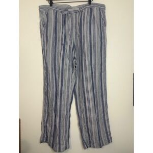 L.L. Bean 100% Linen Pants 18W Blue Striped Elastic Waist Wide Leg Pull On